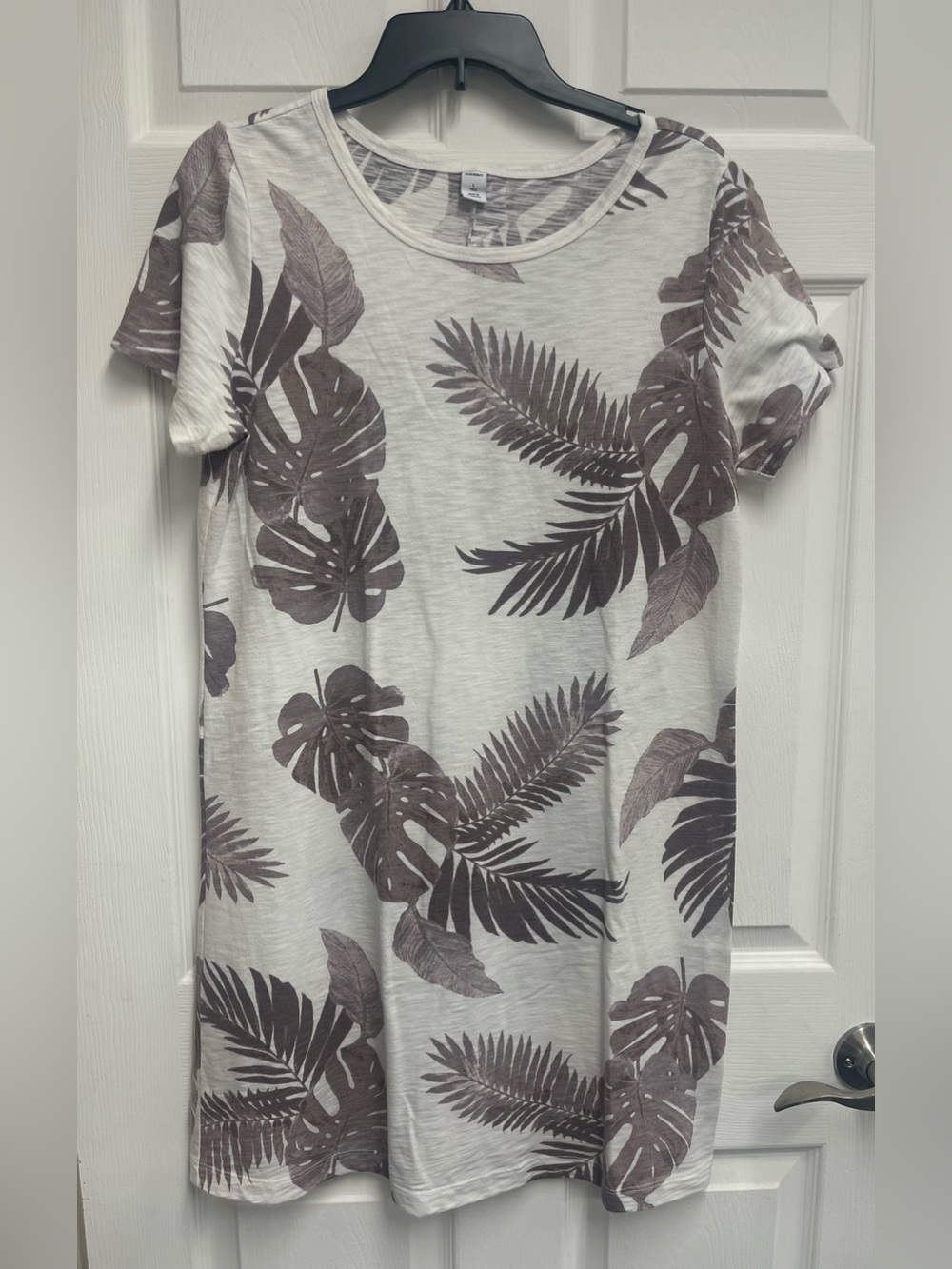 Old Navy T-Shirt Dress White w/ Brown Tropical Leaf Print sz L Tall